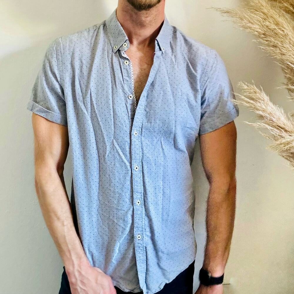 MENS ZARA Light Grey Gray Polka Dot White Button Down Short Sleeve Shirt Top L